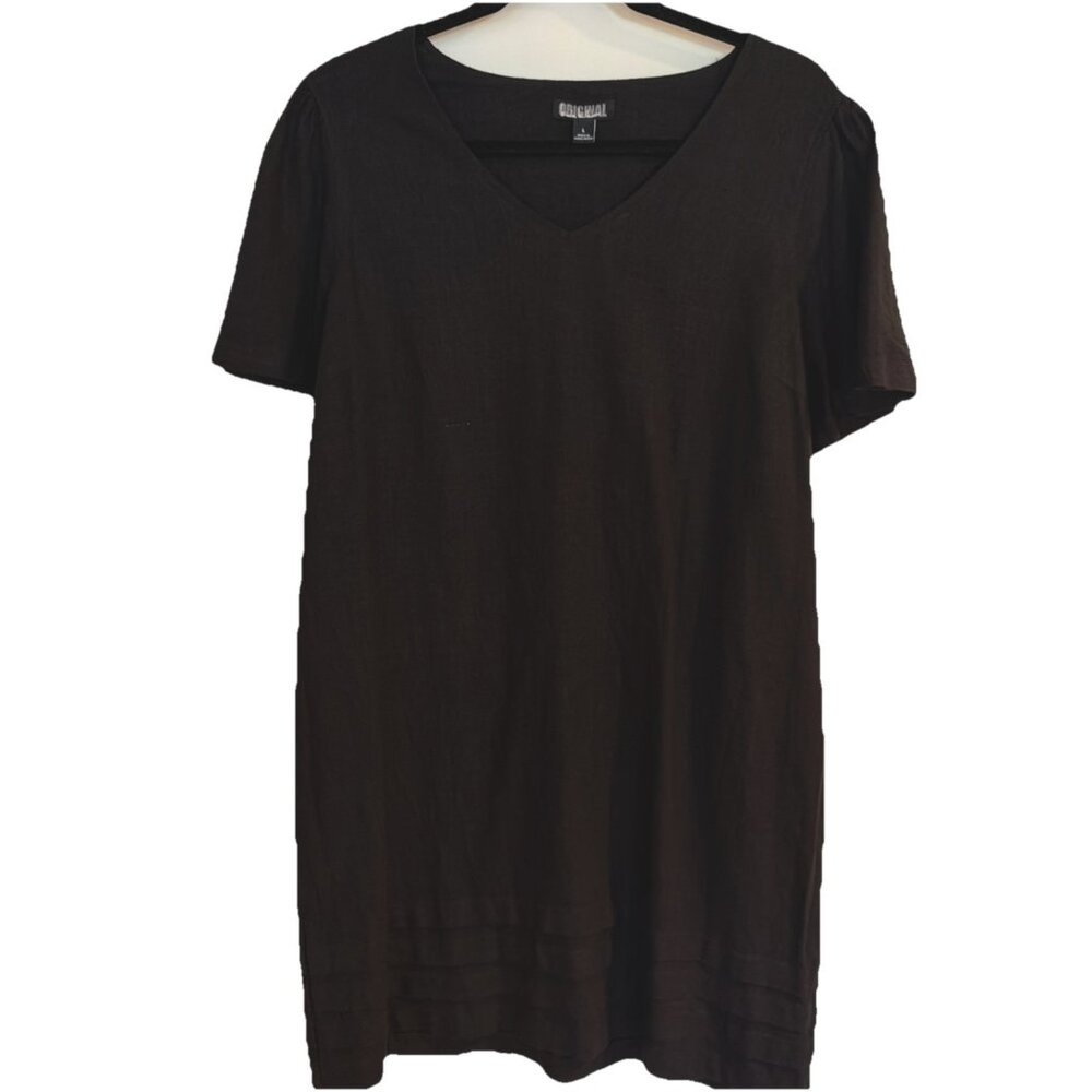 Nicole Miller Original Black Dress Linen Blend Minimalist V-Neck L Pintuck Hem - Picture 1 of 10